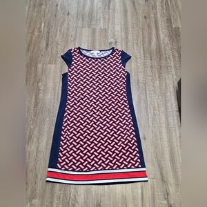Michael Kors Women’s Navy Red White Geometric Cap Sleeve Dress Size Large .